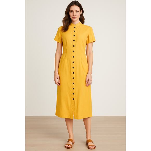 Vintage 90s Minimalist Silk Midi Dress Mustard Yellow Mandarin Collar Button 10 - Picture 1 of 7